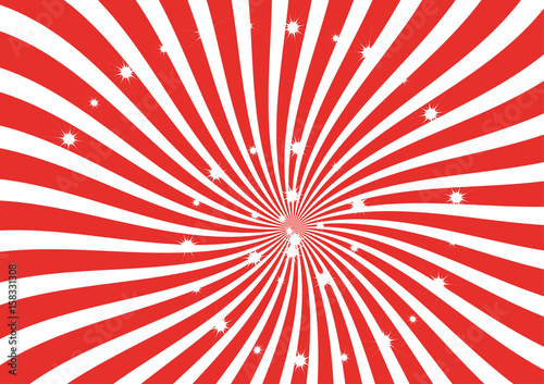 Red and White Sunburst vector background. Swirl strips with sparkling stars clipart, wallpaper, banner and backdrop.