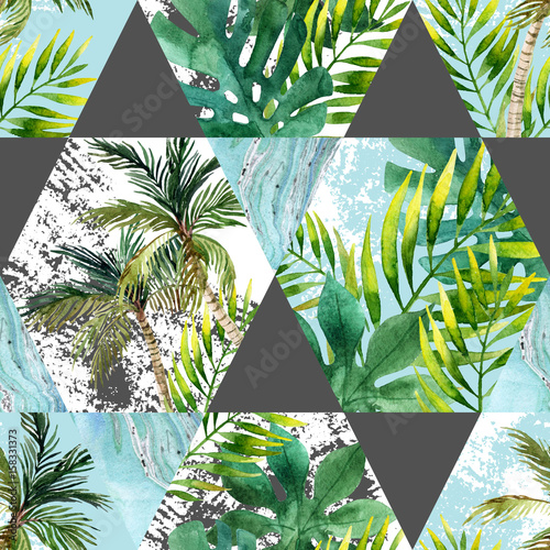Obraz na płótnie Akwarela tropikalnych liści i palmy w geometryczne kształty wzór
