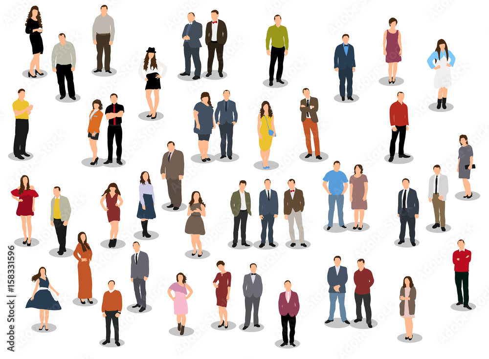 Collection of people stand, female male children, flat style, isometric people