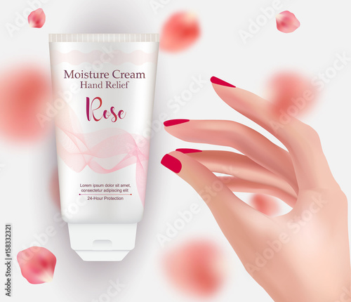 Hand cream advertisement vector illustration. Realistic beautiful hand, colorful nails, hand cream tube, flying rose petals. Packaging hand creme template background.