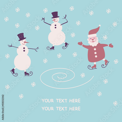 Christmas and New Year greeting card with Santa and snowmen. Vector illustration.
