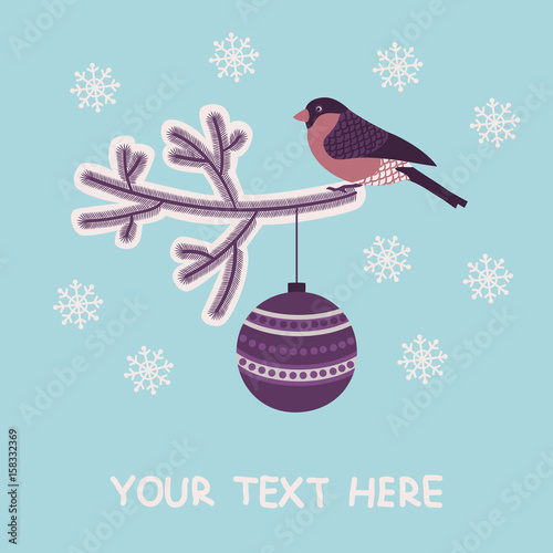 Christmas and New Year greeting card with a bullfinch and christmas decorations. Vector illustration.