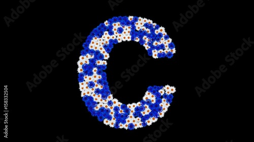 Letters of english alphabet made of cornflowers and white daisy flowers with alpha channel