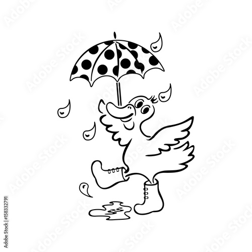 Coloring book. Duck with an umbrella. Hand drawn. Black and white. Children, adults. Color vector illustration.