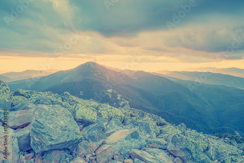 Mountains and rocks during sunset.Vintage filter instagram. © savantermedia