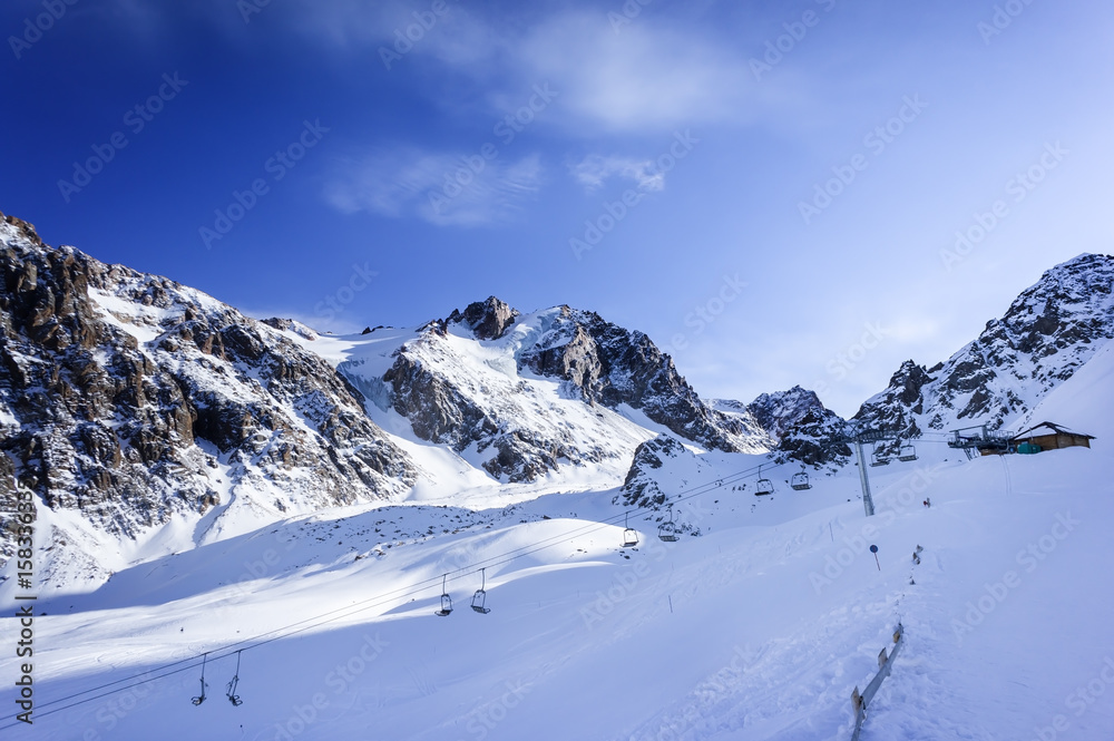 Winter snow covered mountain peaks in Europe. Great place for winter sports