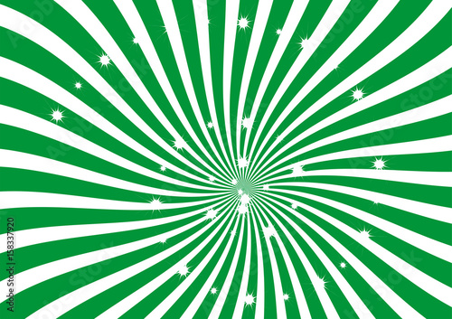 Green and White Sunburst vector background. Swirl strips with sparkling stars clipart, wallpaper, banner and backdrop. Saint Patricks Day banner and decoration.