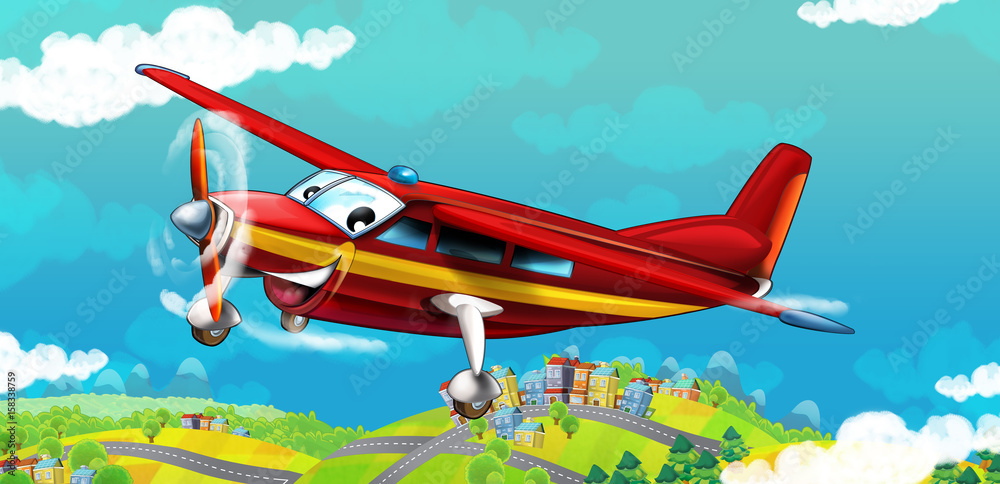 cartoon small passenger plane flying over some city cartoon small passenger plane flying over some city