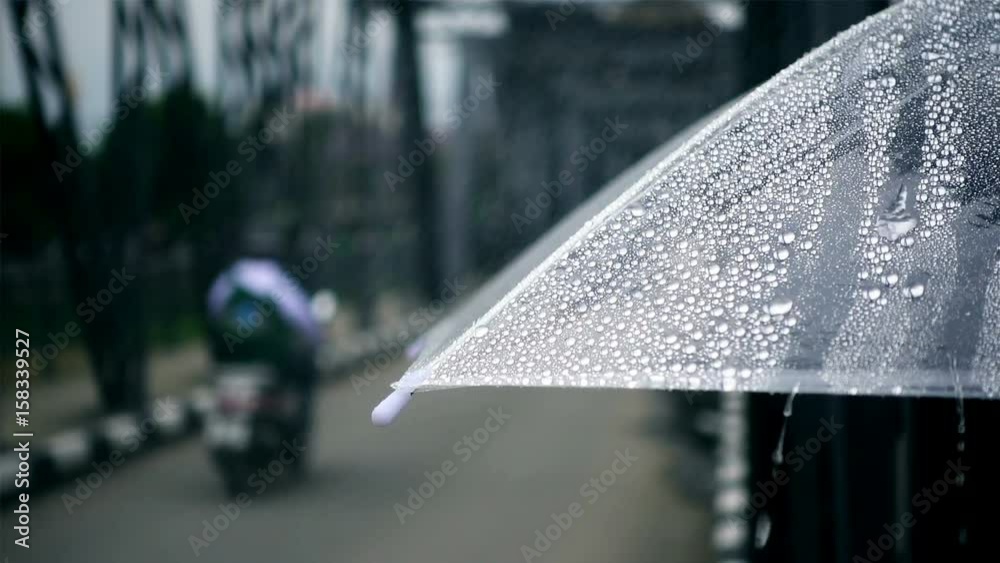 Close-up on umbrella with traffic in raining day, slow motion shot