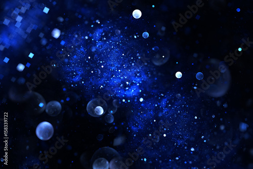 Bright galaxy. Abstract blue drops and sparkles on black background. Fantasy fractal texture. Digital art. 3D rendering.