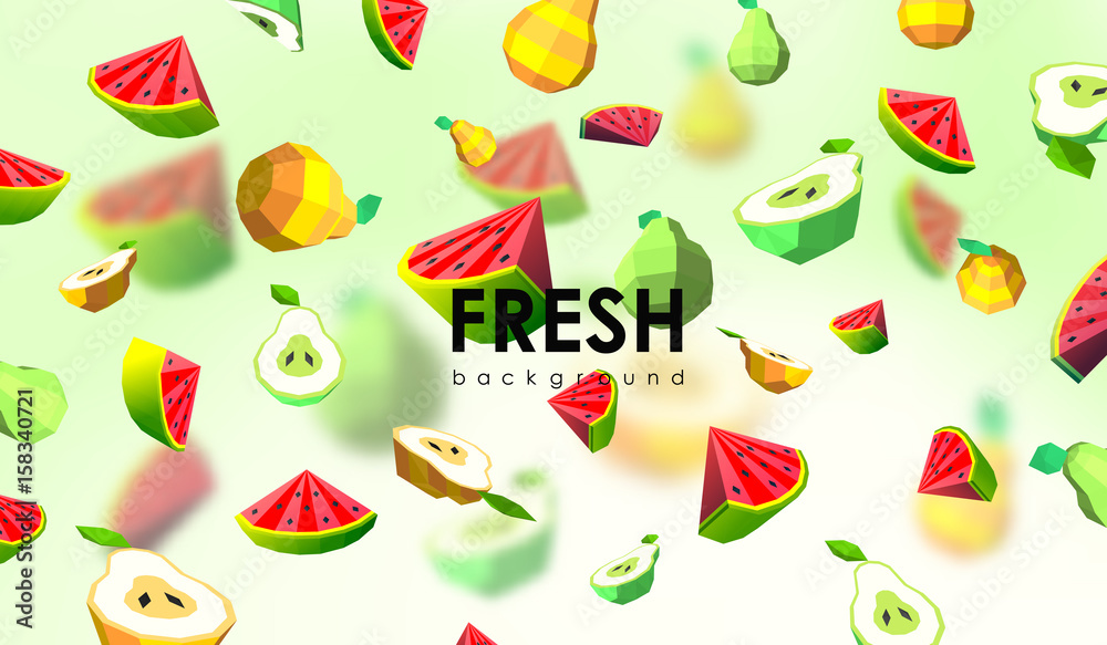 Fototapeta Creative background with low poly fruit. Illustration with polygonal pear and watermelon.
