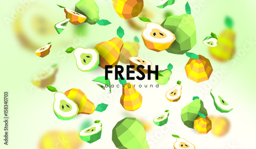 Creative background with low poly fruit. Illustration with polygonal pear.