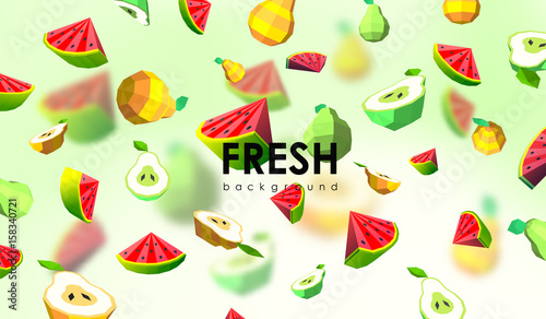 Creative background with low poly fruit. Illustration with polygonal pear and watermelon.