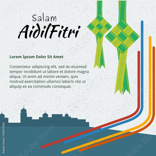 Editable Eid Concept Text Background Vector Template with Indonesian or Malaysian Ketupat Packed Rice Illustration and Mosque Silhouette for Islamic Moments Combined with Nusantara Culture Tradition