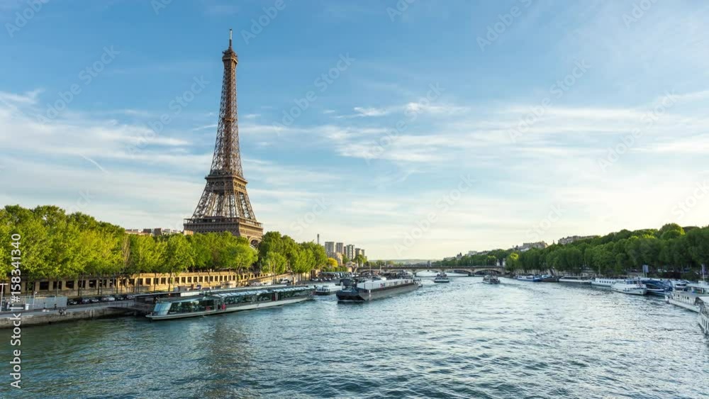 Eiffel Tower in Paris, France and Seine River Day Timelapse Eiffel Tower in Paris, France and Seine River Day Timelapse