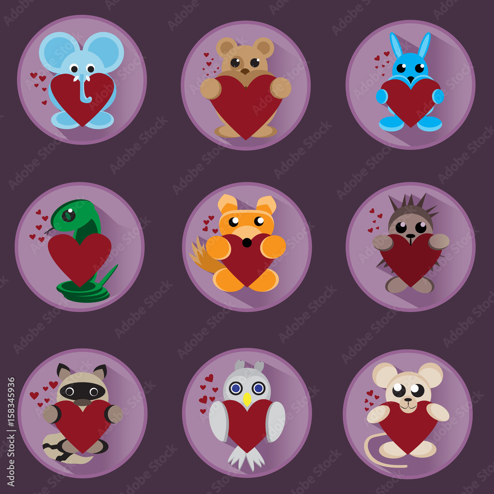 Set of flat icons of animals with hearts