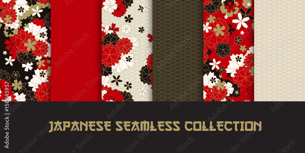 Naklejka premium Zestaw japońskiego klasycznego sakura i ozdoby bez szwu wzorów dla tradycyjnej tkaniny, azjatycki świąteczny projekt w kolorze czerwonym, czarnym, białym, złotym z wiosennych kwiatów w kwiat, ilustracji wektorowych