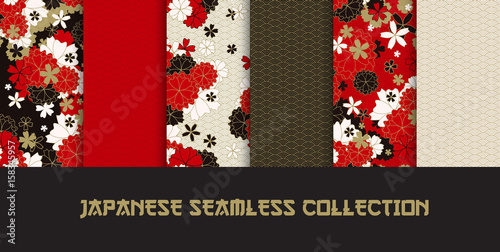 Set of Japanese classic sakura and ornaments seamless patterns for traditional fabric, asian festive design in red, black, white, golden with spring flowers in blossom, vector illustration