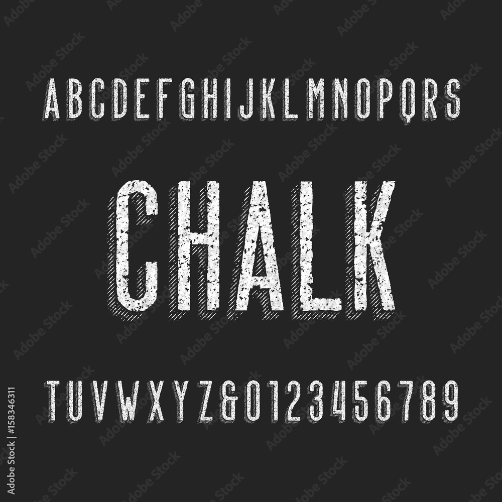 Retro chalk board alphabet font. Letters and numbers on a dark background. Vintage vector typography for your design.