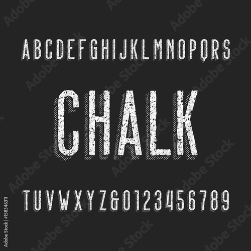 Retro chalk board alphabet font. Letters and numbers on a dark background. Vintage vector typography for your design.