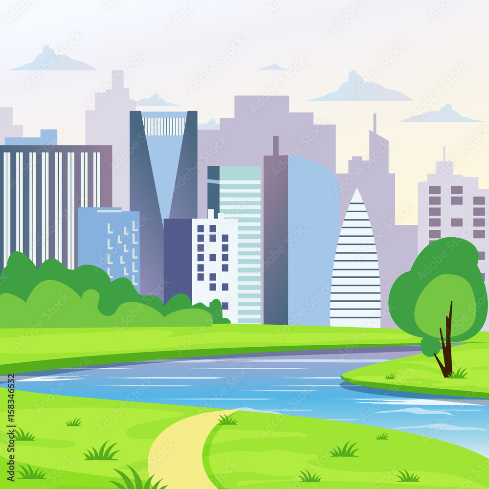 Green city landscape with road, river and trees vector illustration. City background in flat style.
