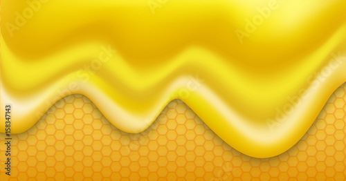 Realistic honey dripping liquid background, honeycomb pattern, vector illustration. Fluid yellow sweet texture flowing, honey dripping.
