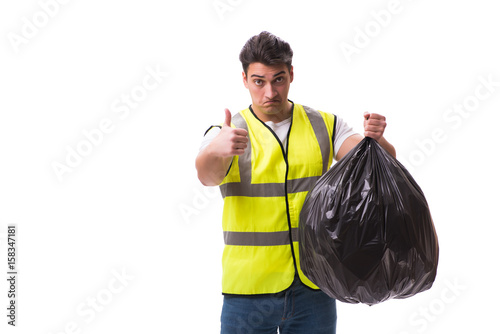 Fotografie Man with garbage sack isolated on white