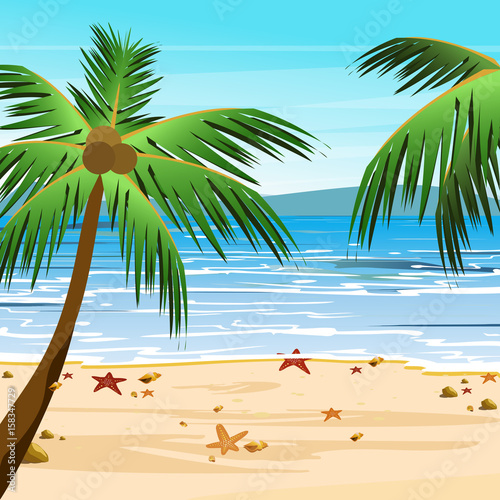Vector illustration of beach with palms  sand  blue ocean water and sky. Summer tropical view in cartoon flat style.