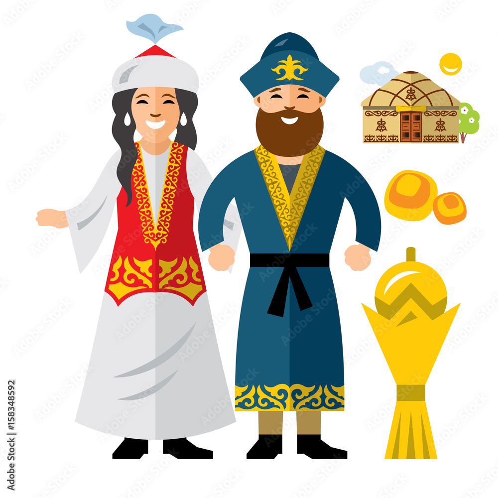 Vector Kazakh Family. Historical clothes. Kazakhstan. Flat style colorful Cartoon illustration