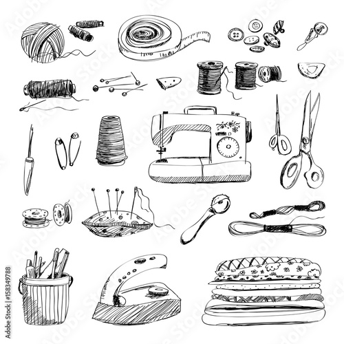 Vector set of hand drawn sewing and embroidery tools on white background