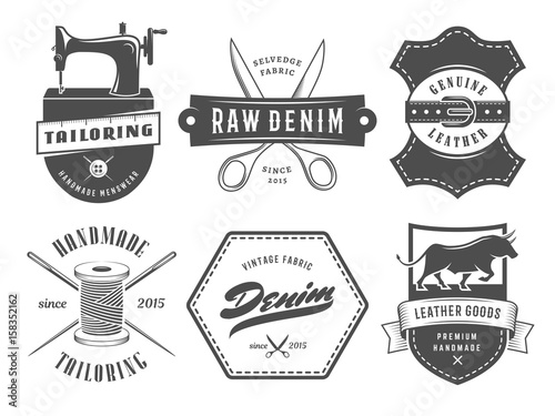 Vintage tailoring denim labels. Set of logos for tailoring, leather and denim shops. Vector retro style badges.
