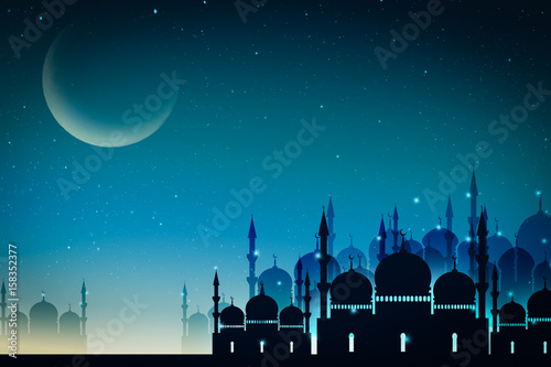 Ramadan Kareem season greeting with mosque and shiny star night 