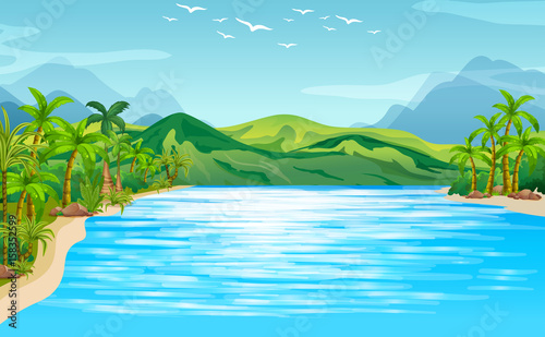 River scene with trees and mountains © GraphicsRF