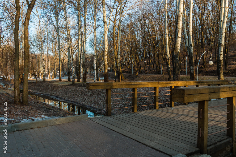 Central park (Dinamo park) in Voronezh, Russia. Spring park in the morning, a creek between the trees, wooden bridge over the stream and remainder of the snow on the ground.