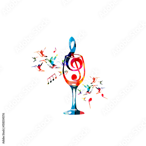 Colorful wineglass with G-clef and music notes isolated vector illustration. Background for restaurant poster, restaurant menu, music events and festivals