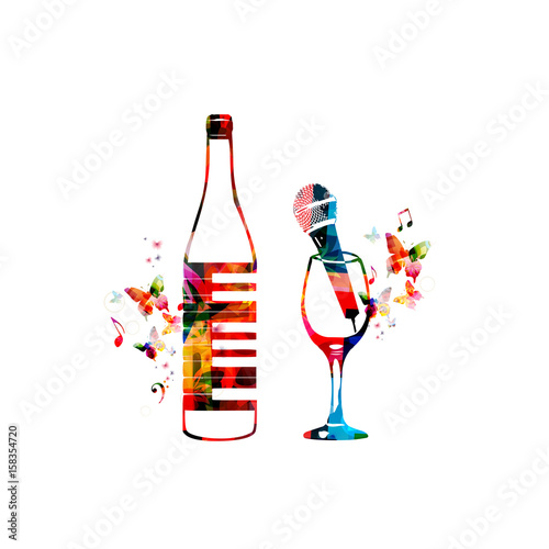 Colorful bottle with piano keyboard and wineglass with microphone isolated vector illustration. Background for restaurant poster, restaurant menu, music events, live music, karaoke party and festivals