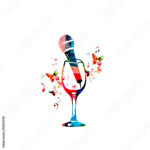 Colorful wineglass with microphone and music notes isolated vector illustration. Background for restaurant poster, restaurant menu, music events, live music, karaoke party and festivals