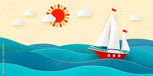 Sailboat in the sea. Sun, clouds. Vector illustration for advertising, travel, tourism, cruises, travel agency, discounts and sales. Paper style 