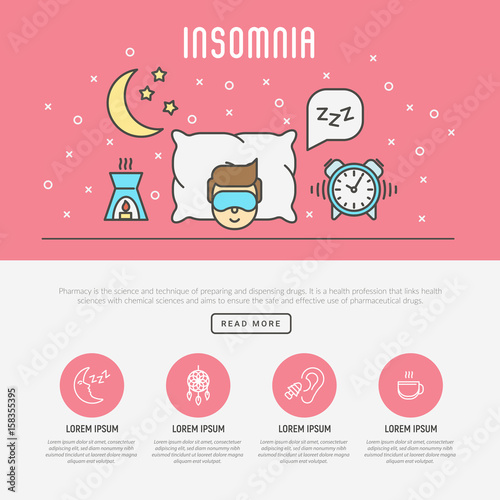 Insomnia and sleep concept. Man in sleeping mask lying on comfortable pillow near clock and aromalamp. Around moon and bubble with Zzz sign. Thin line vector illustration.