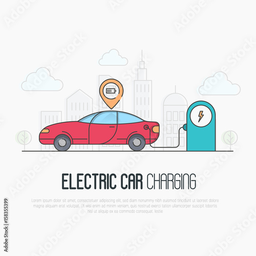 Electric red car with charging battery pointer and charging station on megapolis background. Thin line vector illustration.