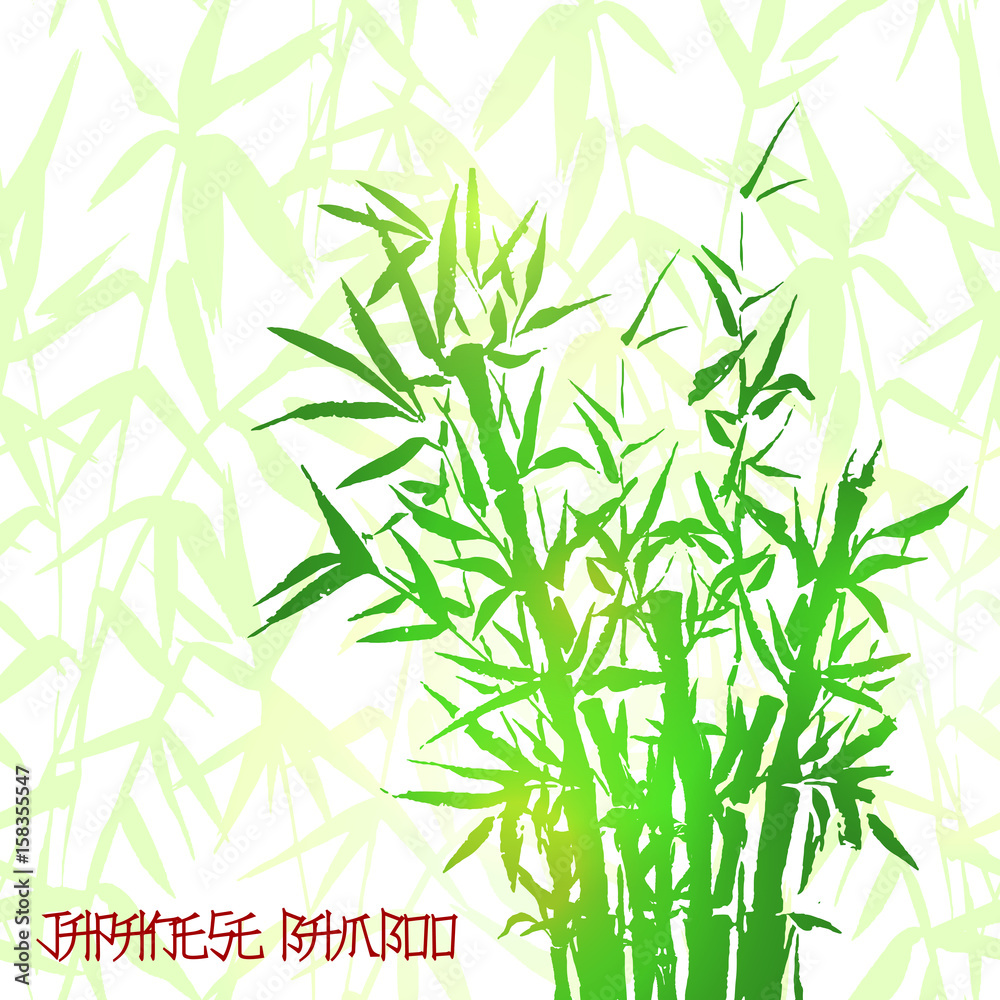 Bamboo green tree japanese plant or tree. Traditional sumi painting vector illustration for wallpaper or healthy therapy cosmetic products design Bamboo green tree japanese plant or tree. Traditional sumi painting vector illustration for wallpaper or healthy therapy cosmetic products design