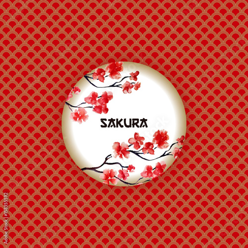Japanese classic red and gold pattern, with round sakura logo, branch with pink flowers in blossom, vector illustration, oriental background with geometric texture, traditional festive design