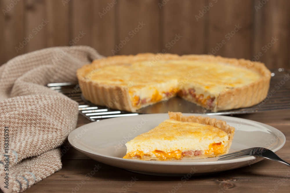 Homebaked Quiche Lorraine With Red Leicester Cheese. Traditional British Food. Homebaked Quiche Lorraine With Red Leicester Cheese. Traditional British Food.