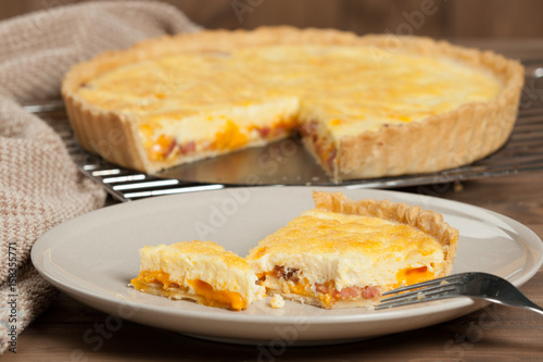 Homebaked Quiche Lorraine With Red Leicester Cheese. Traditional British Food.