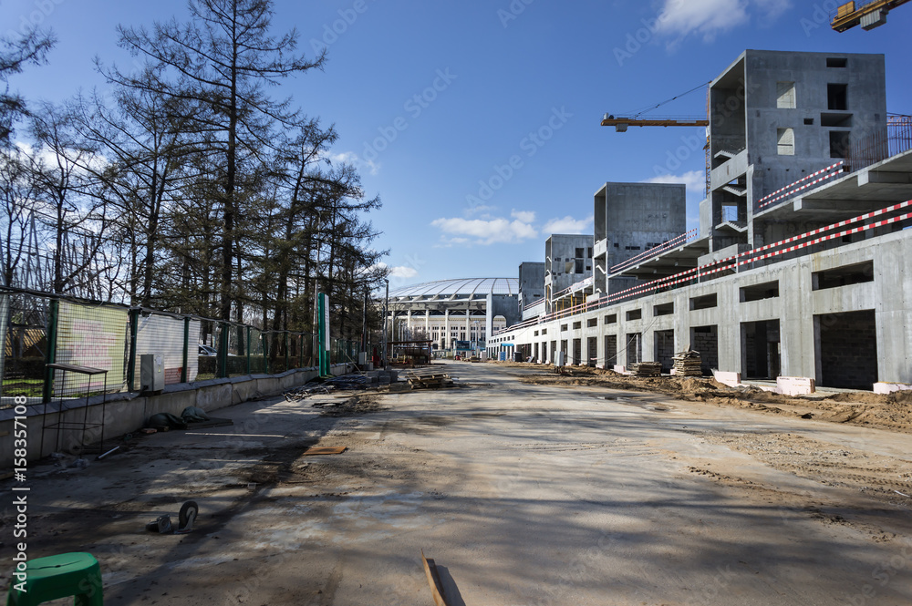 MOSCOW, RUSSIA - Apr 16, 2017: Preparation 2018 FIFA World Cup, reconstruction Luzhniki Stadium MOSCOW, RUSSIA - Apr 16, 2017: Preparation 2018 FIFA World Cup, reconstruction Luzhniki Stadium