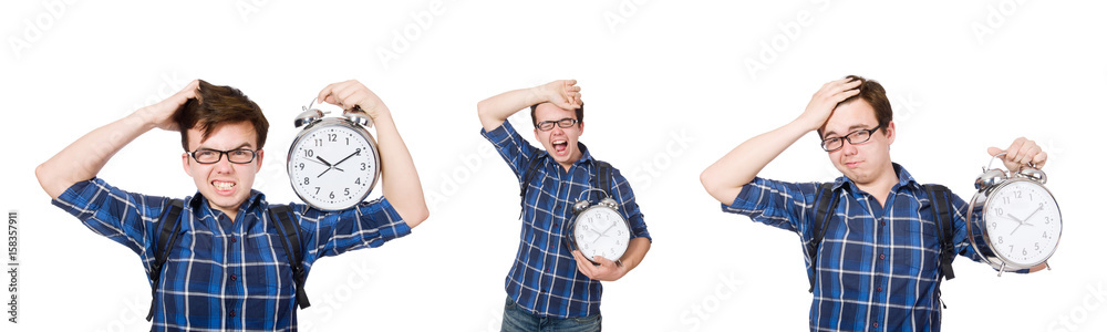 Student missing his studying deadlines on white Student missing his studying deadlines on white