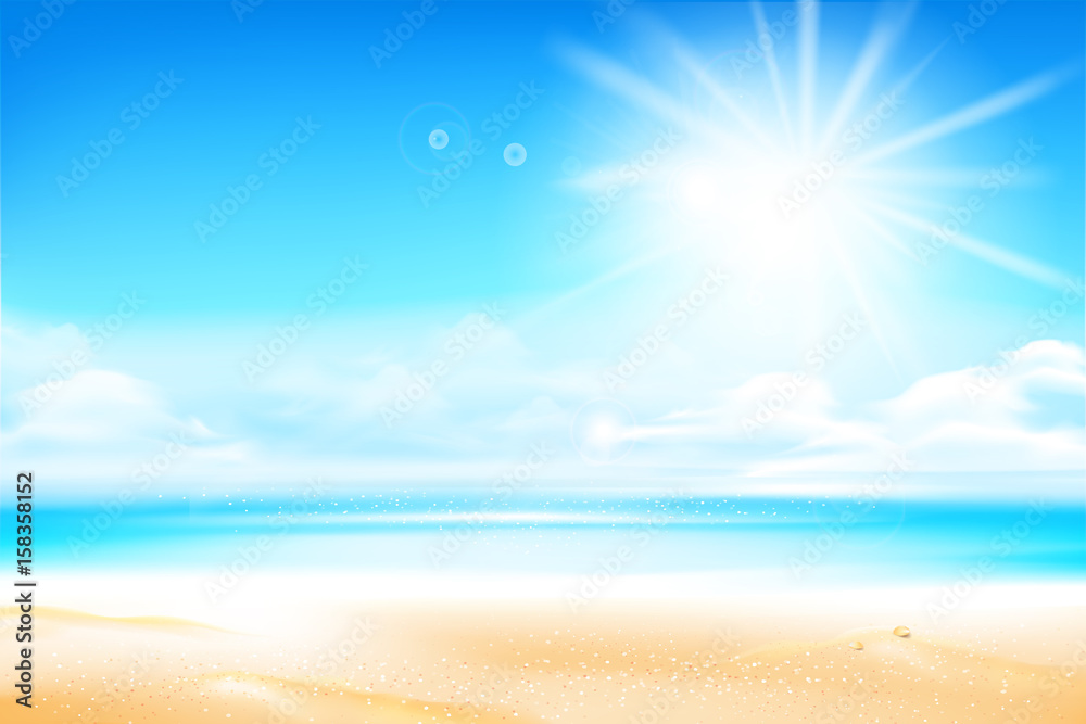 Obraz premium Sand beach over blur sea and sky with sun light flare and copyspace abstract background vector illustration