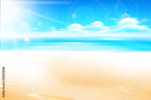 Sand beach over blur sea and sky with sun light flare and copyspace abstract background vector illustration 002