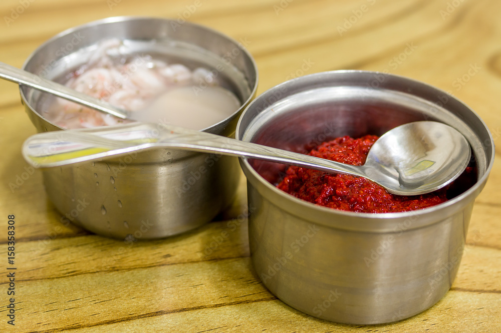 spices, salted shrimp and diced red peppers for a sundae gukbap, Korean blood sausage stew spices, salted shrimp and diced red peppers for a sundae gukbap, Korean blood sausage stew
