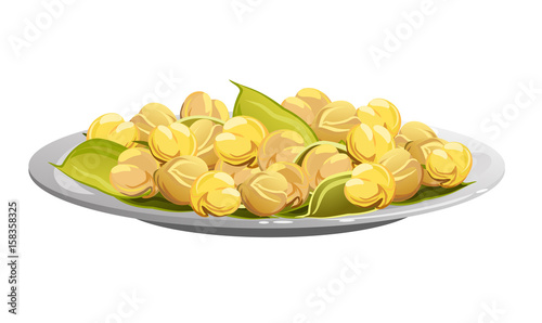 Chickpeas  (Cicer arietinum, Bengal gram, garbanzo bean, chick pea, Egyptian pea, ceci, Kabuli chana). Hand drawn vector illustration of plate with chickpeas and bean pods on white background.